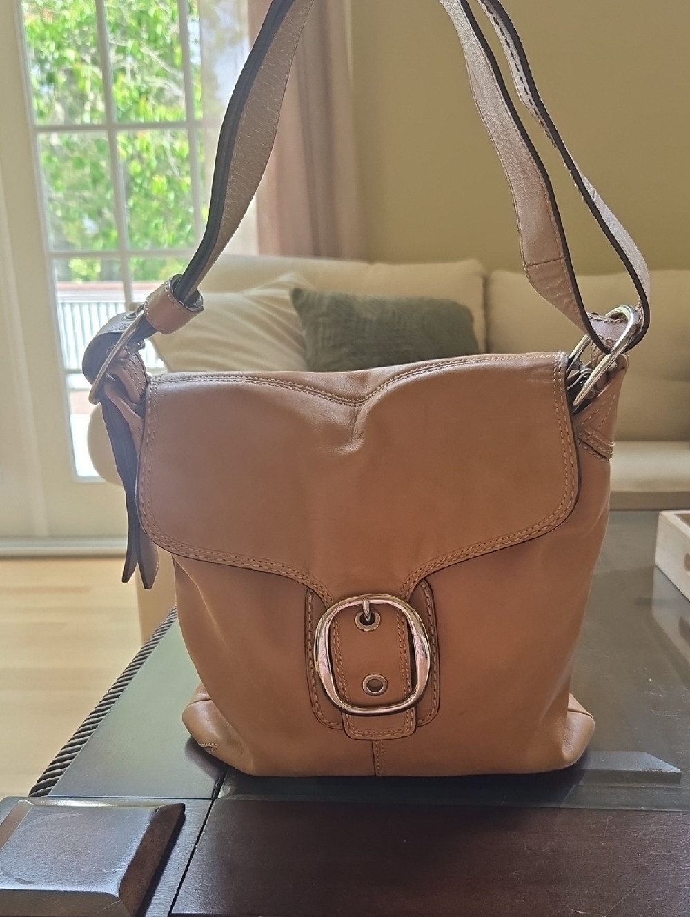 Coach Tan Leather Shoulder Bag with Buckle Accent - Picture 1 of 8